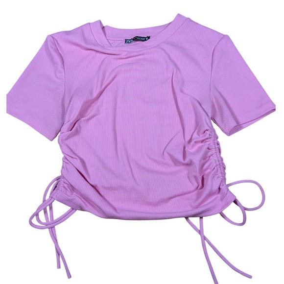 Zara Tops - Zara Women's Medium Cropped T-Shirt Pink Ribbed Ruched Drawstring